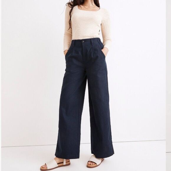 Madewell NE116/NE117  Tall + Petite Cotton-Linen Pleated Wide-leg pants Navy - Picture 1 of 10